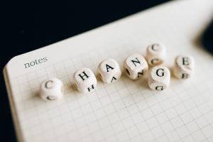 A picture of a journal for notes covered with dice that spell out change and chance.