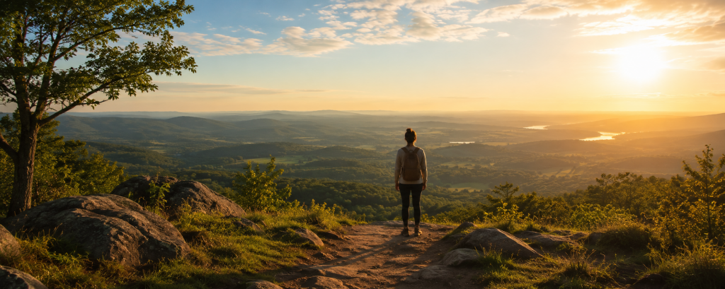 A person stands at the end of a sunlit trail overlooking a clear valley and distant hills bathed in warm golden light, symbolizing acceptance, clarity, and moving forward.