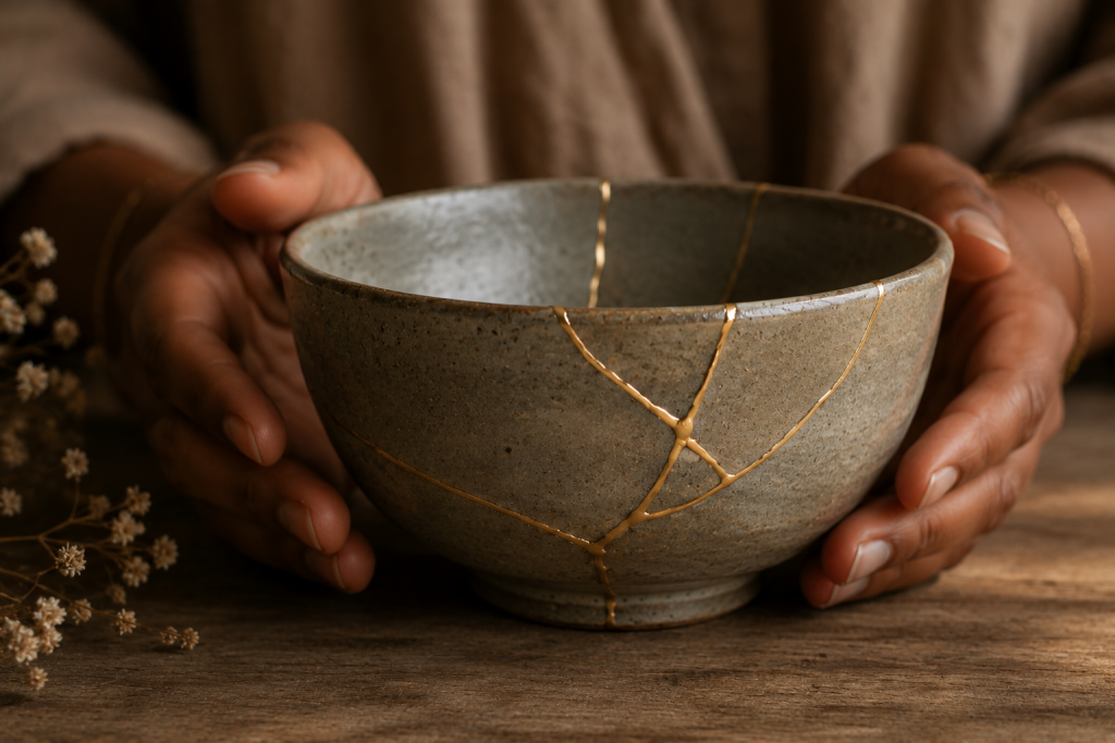 A kintsugi bowl repaired with gold cracks is gently held in brown hands under warm light, symbolizing acceptance, healing, and growth.