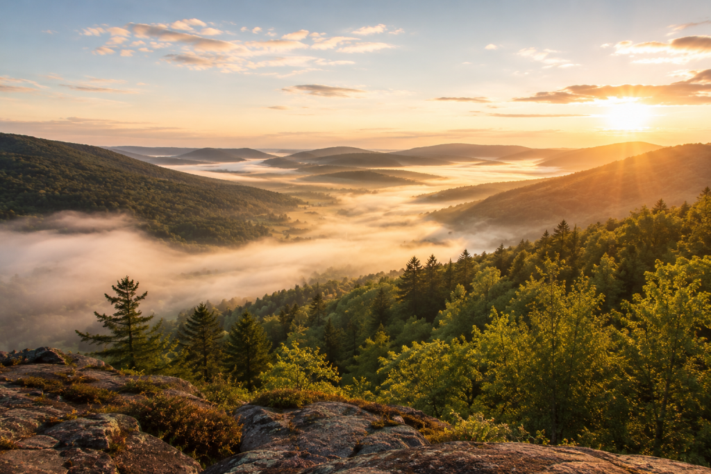 Warm morning sunlight illuminates a mountain landscape as fog settles into the valley below, revealing rolling hills, forests, and a clear view of the terrain beyond. The scene symbolizes clarity, awareness, and accepting reality as it is.