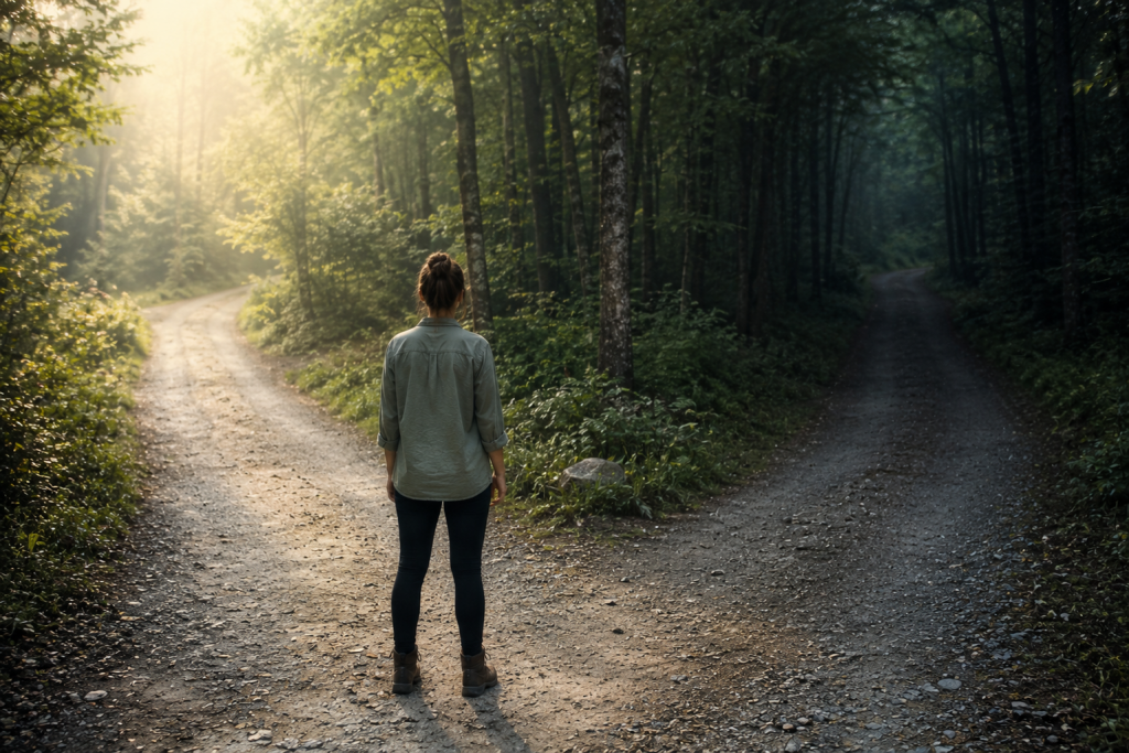 A person stands quietly at a fork in a forest path, facing two trails that diverge through the woods. One path is illuminated by soft morning sunlight while the other remains shaded beneath tall trees, creating a reflective scene that symbolizes choice, uncertainty, and accepting life's realities.